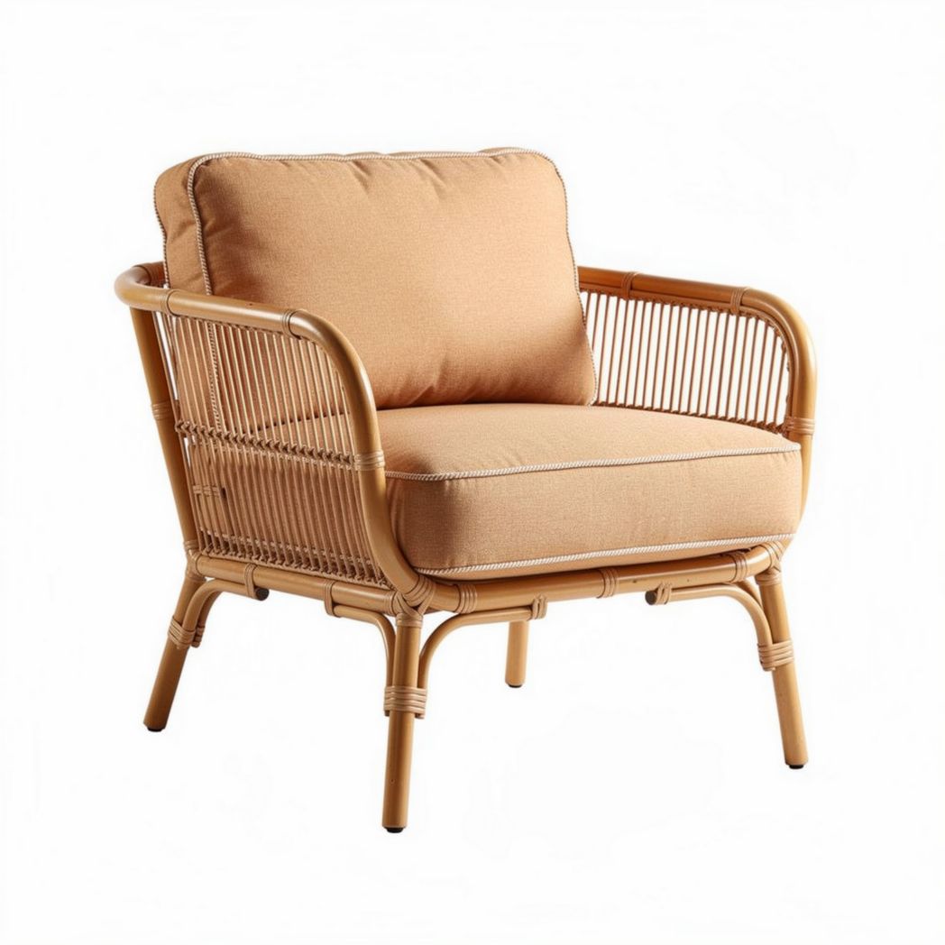 Fauteuil en rotin avec coussin en tissu beige dimensions 80 x 75 x 70cm
