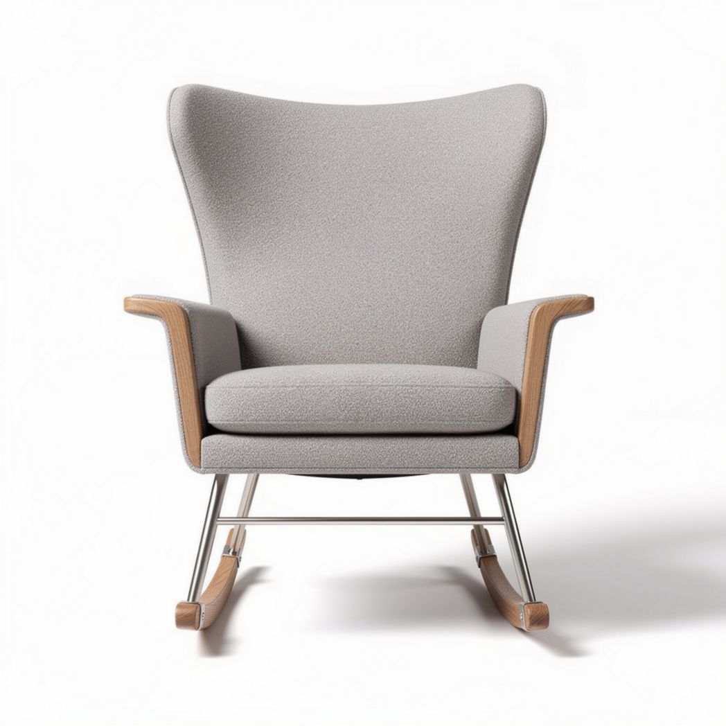 Fauteuil à bascule en tissu gris avec structure en bois et métal 70 x 80 x 100cm
