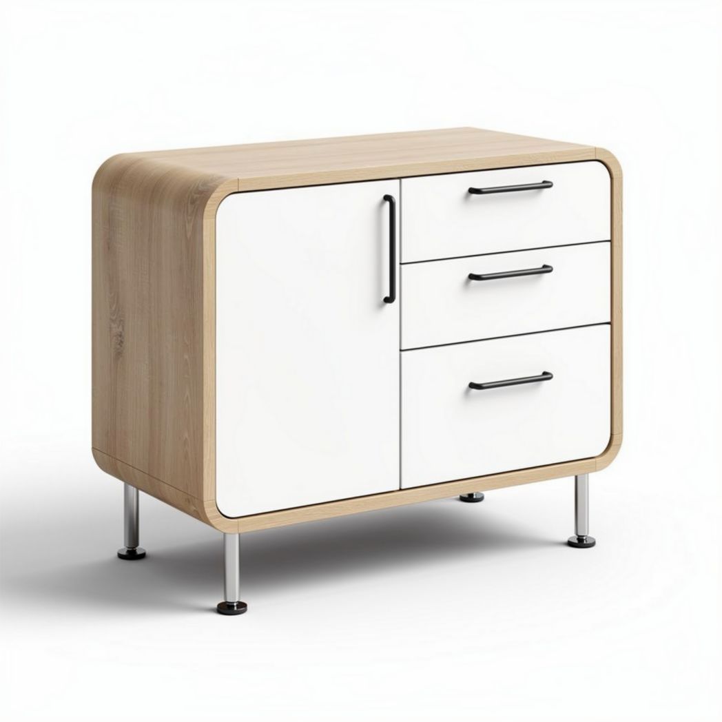 Meuble de rangement en bois et blanc avec trois tiroirs et une porte 70 x 40 x 75cm