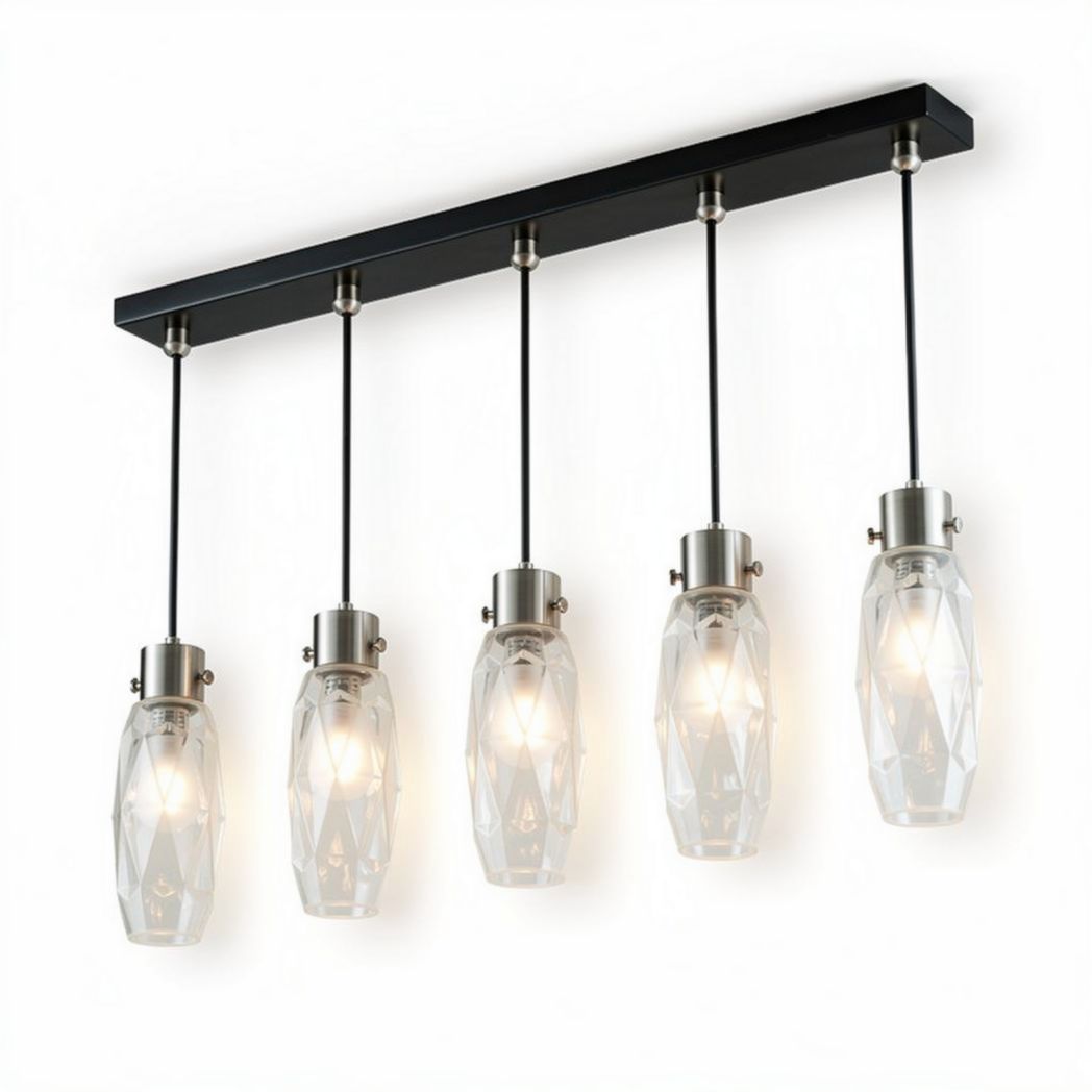 Suspension en métal noir avec 5 ampoules en verre transparent 120 x 20 x 10cm