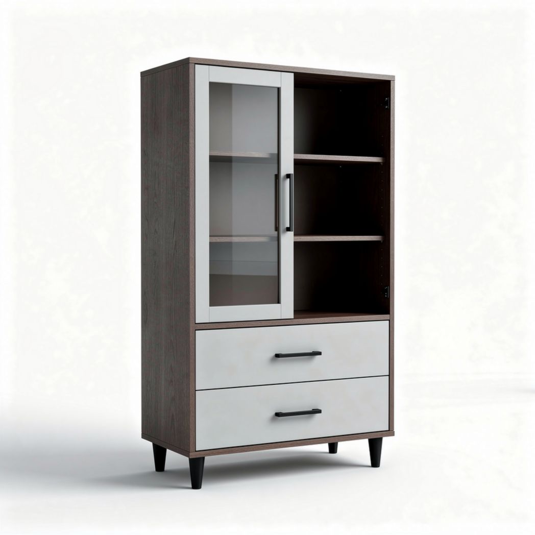 Buffet de rangement en bois foncé avec portes vitrées et tiroirs 180 x 90 x 40cm